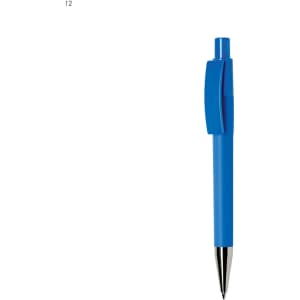 A blue plastic pen with a silver tip and a clip, featuring a logo on its side.