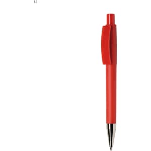 A red plastic pen with a click mechanism and a silver tip, featuring a logo on the body.