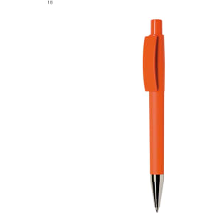 An orange plastic pen with a shiny silver nib and a clip on the side. It features a branding logo.