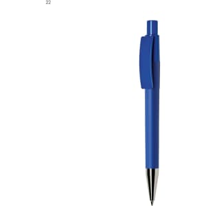 A blue plastic pen with a simple design and a clip. It features a shiny silver nib and has a branding logo.