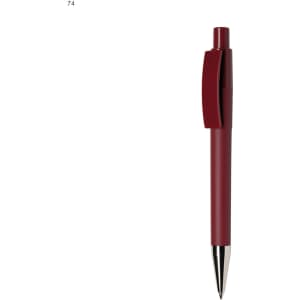A red plastic pen with a silver tip and clip, featuring a logo on the body.