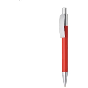 A red plastic pen with a silver clip and tip, featuring a branding logo.