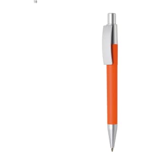 An orange plastic pen with a silver clip and tip. It features a sleek design and has a branding logo.