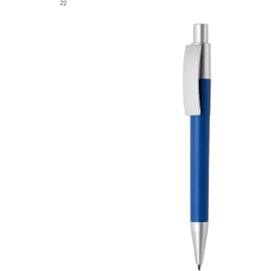 A blue plastic pen with a silver clip and a sleek design, featuring a logo near the top.