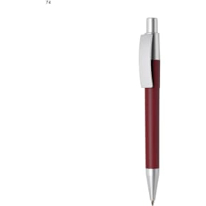 A maroon plastic pen with a silver clip and tip, featuring a logo on its surface.