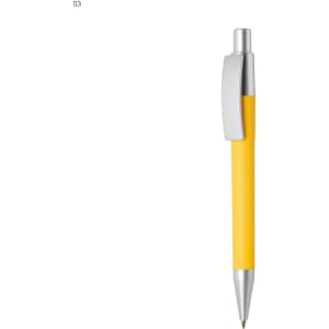 A plastic pen in bright yellow with a silver clip and tip, featuring a simple design and smooth finish.
