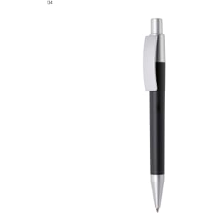 A plastic pen in black with a silver clip and tip, featuring a branding logo.