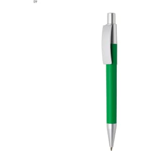 A green plastic pen with a silver clip and tip, featuring a branded logo.