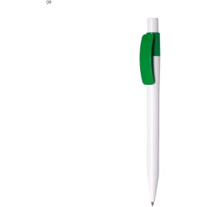 A white plastic pen with a green clip and black ink. It features a logo on the barrel.