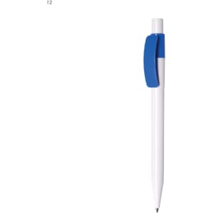 A plastic pen in white with a blue clip. The pen features a sleek and simple design and has a branding logo.