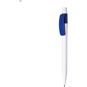 A plastic pen in white with a blue clip. It features a sleek design and a logo on the side.