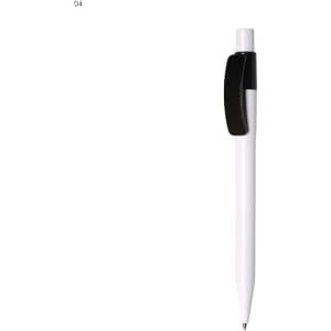 A white plastic pen with a black clip and tip, featuring a logo on the side.