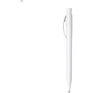 A white plastic pen with a sleek design and a clip, featuring a branding logo.