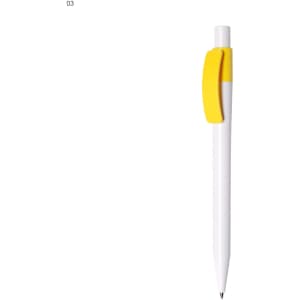 A white plastic pen with a yellow clip. The pen features a simple design and has a branding logo.