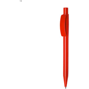 A red plastic pen with a clip and a fine point. The pen features a simple design and has a logo.