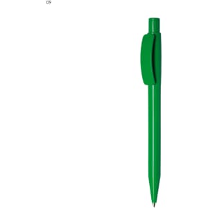 A green plastic pen with a clip. The pen has a sleek design and a black tip for writing.