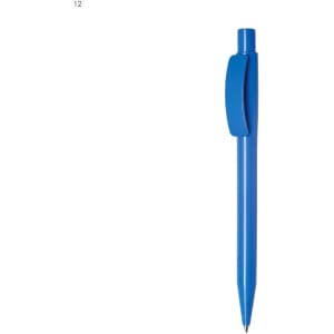A blue plastic pen with a clip and a pointed tip. It features a logo on its body.