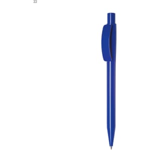 A blue plastic pen with a clip and a pointed tip, featuring a branding logo.