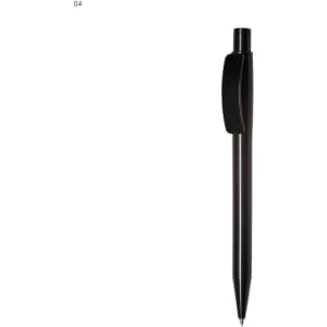 A black plastic pen with a clip and a sleek design, featuring a branding logo.