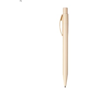 A plastic pen in a light beige colour with a click mechanism and a clip on the side. It features a logo.