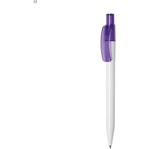 A white plastic pen with a purple clip and cap, featuring a logo on the barrel.