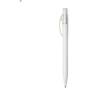 A white plastic pen with a clear cap and clip, featuring a branding logo.