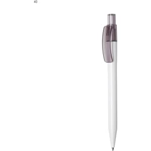 A white plastic pen with a transparent grey clip and a pen nib. The pen features a logo on its body.