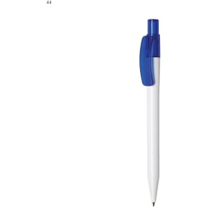 A white plastic pen with a blue clip and tip, featuring a logo on the clip.