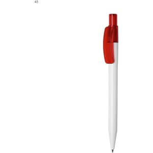 A plastic pen in white and red, featuring a transparent red clip and a tip for writing, with branding displayed.