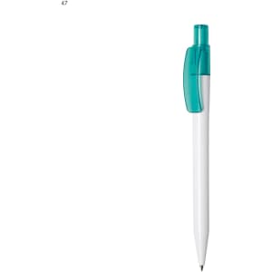 A white pen with a turquoise clip and a branding logo on it.