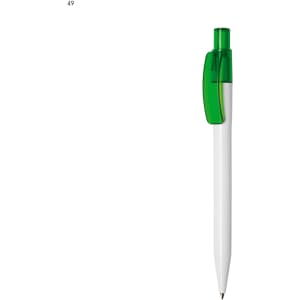 A white plastic pen with a green cap and clip, featuring a logo on the body.