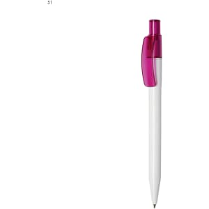 A white plastic pen with a pink translucent clip and tip, featuring a logo on the clip.