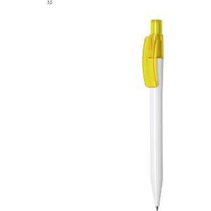 A plastic pen with a white barrel and bright yellow cap. It features a logo on the barrel.