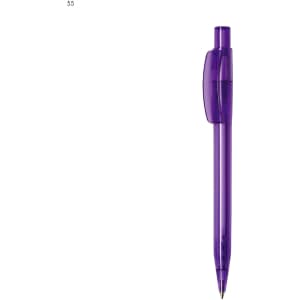 A purple plastic pen featuring a transparent barrel and a clip. It includes branding on the side.