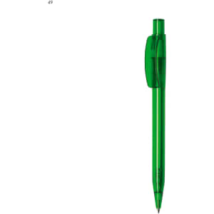 A green plastic pen with a transparent barrel and a clip. It features a branding logo.
