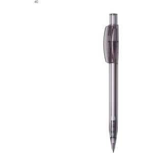 A plastic pen with a clear body and black ink. It features a transparent grip and a clip.