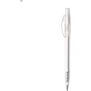 A plastic pen in clear design with a transparent body and a black ink tip. It features a logo on the barrel.