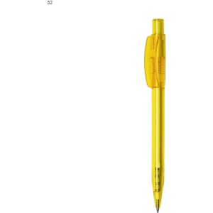 A yellow plastic pen featuring a clear body and a clip, with a logo on the barrel.