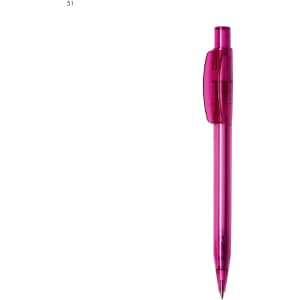 A plastic pen in a vibrant pink colour with a clear barrel and a clip. It features a logo on the side.