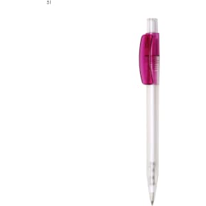 A plastic pen with a purple clip and clear barrel, featuring a branding logo.