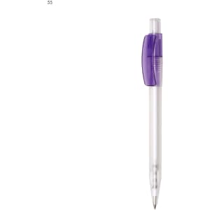 A plastic pen with a clear barrel and purple accent, featuring a clip and retractable mechanism.