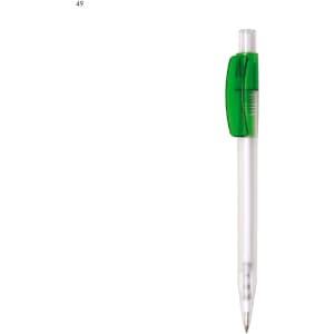 A plastic pen with a clear barrel and a green grip. It features a clip on the cap and a ballpoint tip.