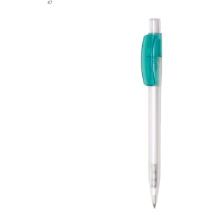 A plastic pen with a clear barrel and a turquoise grip. The pen features a transparent cap and a branding logo.