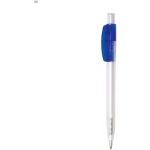 A plastic pen with a transparent barrel and blue accents. It features a retractable mechanism and a logo.
