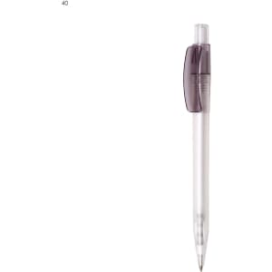 A plastic pen in clear and grey with a click mechanism and a smooth barrel design. It features a logo on the side.