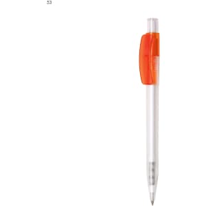 A plastic pen with a clear barrel and an orange grip, featuring a branding logo near the top.