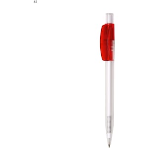 A plastic pen with a clear barrel and a red clip, featuring a blue ink tip. It has a logo on the barrel.