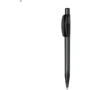 A plastic pen in a sleek black design with a clip and a branded logo on the side.