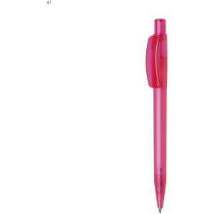A pink plastic pen with a transparent body and a clip, featuring a branded logo.