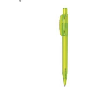 A bright green plastic pen with a transparent barrel and a clip, featuring a branding logo.